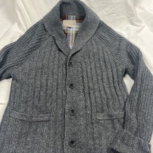 Duluth Trading Woolpaca Gray Button-up shawl neck cardigan jacket.